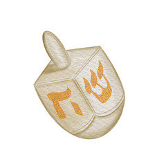 Golden dreidel. Watercolor dreidel - spinning top toy for Hanukkah games- with golden faces and and golden Hebrew letters. Isolated over transparent background.