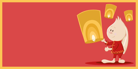 Cute rabbit in traditional clothes and lightning lanterns. Chinese New Year, Spring and Lantern Festival. Horizontal red and gold banner with copy space in cartoon doodle style.