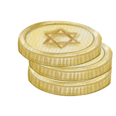 Golden gelts. Watercolor golden gelts with David star engravement.  Jewish monets in realistic aquarelle style.