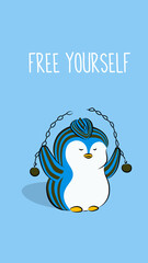 Cute cartoon of a penguin breaks a chain with kettlebells. Fitness logo design vector. Character animal. Concept of freedom