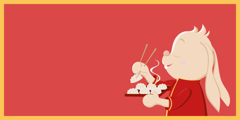 Cute rabbit in traditional clothes is eating dumplings with sticks. Chinese New Year, Spring and Lantern Festival. Horizontal red and gold banner with copy space in cartoon doodle style.