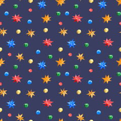 A simple pattern on a blue background of multicolored stars and confetti, peas. Watercolor illustration.