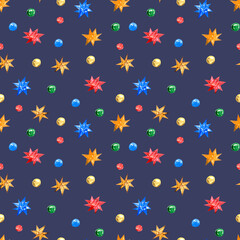A simple pattern on a blue background of multicolored stars and confetti, peas. Watercolor illustration.