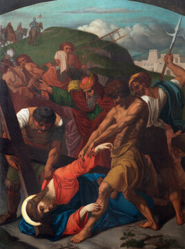 LUZERN, SWITZERLAND - JUNY 24, 2022: The painting Fall of Jesus under the cross as part of Cross way stations in the church Franziskanerkirche from 19. cent.