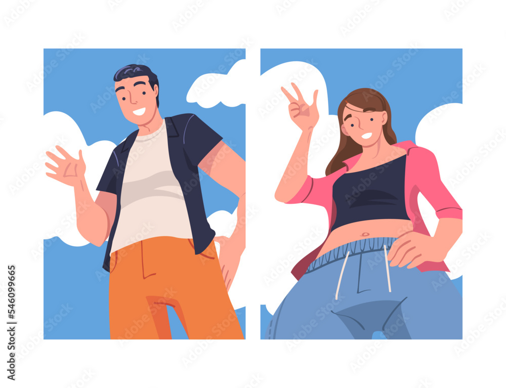 Poster man and woman character standing looking from above friendly smiling and showing hand greeting gestu