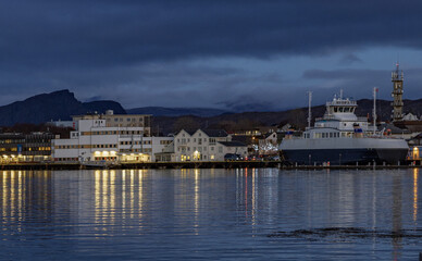 Car ferry HORNSTIND  is a Ro-Ro/Passenger Ship that was built in 2017 and is sailing under the flag of Norway. Here in Brønnøysund port.Helgeland,Norway,Europe