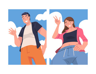 Man and Woman Character Standing Looking from Above Friendly Smiling and Showing Hand Greeting Gesture Vector Set