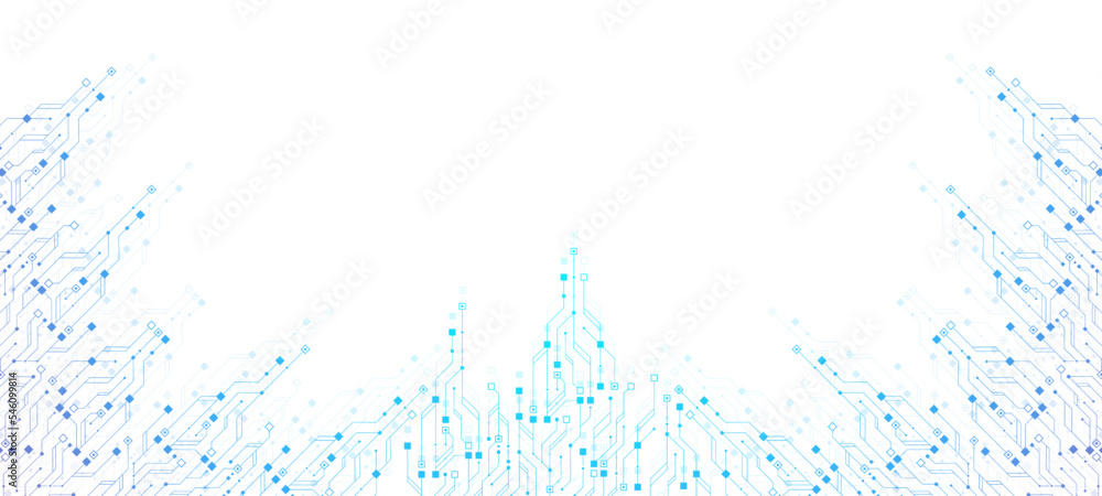 Aufkleber Quantum computer technologies concept. Futuristic blue circuit board background vector. Modern technology circuit board texture background design. Waves flow. Quantum explosion technology.