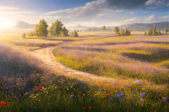 country dirt road winding through beautiful fields of wildflowers. Illustration background. Digital matte painting