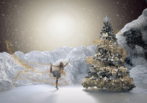 Girl dancing on ice with a christmas tree and snow at night with moonlight