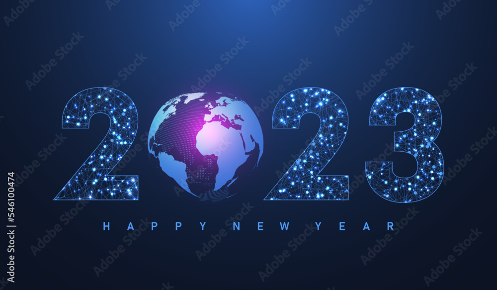 Leinwandbilder Modern futuristic technology template for Merry Christmas and Happy New Year 2023 with connected lines and dots. Plexus geometric effect. Global network connection. Vector illustration.
