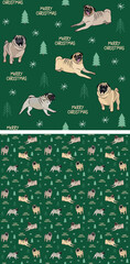 Seamless pug dog pattern, holiday texture. Square format, t-shirt, poster, packaging, textile, textile, fabric, decoration, wrapping paper. Trendy hand-drawn mops dogs wallpaper. Holiday background.