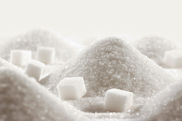 Fototapeta na wymiar White granulated sugar and cubes of refined sugar close-up
