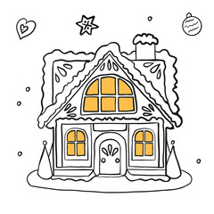 Gingerbread house for Christmas in doodle style. Cute honey gingerbread for postcards, congratulations, coloring and decoration with patterns and sweets.