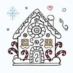 Gingerbread house for Christmas in doodle style. Cute honey gingerbread for postcards, congratulations, coloring and decoration with patterns and sweets.