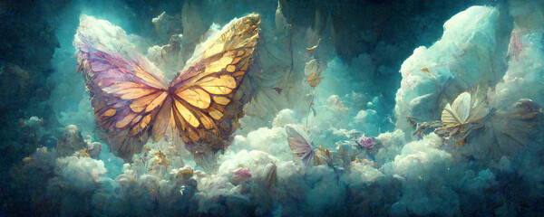 Science fantasy clouds become butterflies of mythological legend background.large stunningly beautiful fairy wings Fantasy abstract paint 3d render.