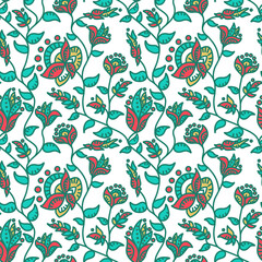 Seamless abstract floral pattern. Green, yellow, blue, red, white. Vector. Botanical texture. Decorative ornament. Design for textile fabrics, wrapping paper, background, wallpaper, cover.