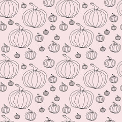 Seamless abstract pattern with pumpkins. Pink, black colors. Line art elements. Vector. Designs for textile fabrics, wrapping paper, background, wallpaper, cover.