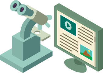 Laboratory equipment icon isometric vector. Microscope near computer screen icon. Scientific research equipment