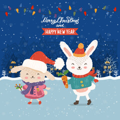 Cartoon illustration for holiday theme with  two happy funny rabbits on winter background with trees and snow. Greeting card for Merry Christmas and Happy New Year..Vector illustration.