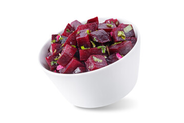 Mexican beet salad in a bowl on a white isolated background