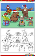 Obraz na płótnie Canvas cartoon animal characters on Christmas time coloring page