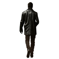 Man wearing black leather coat with his back to the viewer. Walking away. Dark jeans. Noir detective. Thriller concept art. Transparent isolated background.