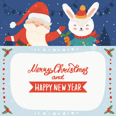Cartoon illustration for holiday theme with happy Santa Claus and rabbit on winter background with trees and snow. Greeting card for Merry Christmas and Happy New Year. Vector illustration. - 546104497