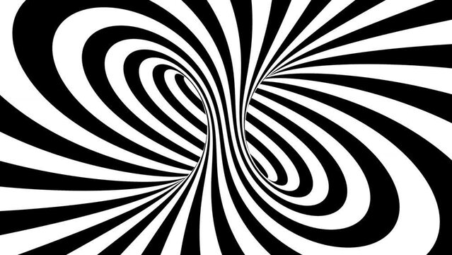 Abstract hypnotic black and white 3d geometrical stripes optical illusion tunnel. 4k Evolving op art motion graphics looping background
