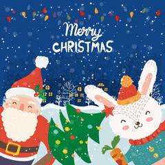 Cartoon illustration for holiday theme with happy Santa Claus and rabbit on winter background with trees and snow. Greeting card for Merry Christmas and Happy New Year.Vector illustration. - 546104604