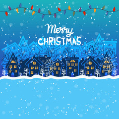 Cartoon illustration and text for holiday theme on winter background with trees and snow. Greeting card for Merry Christmas and Happy New Year.Vector illustration. - 546104619