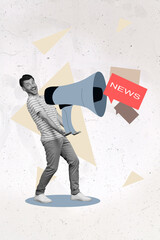 Creative photo 3d collage artwork poster postcard of young man hold big bullhorn announcing good news isolated on painting background