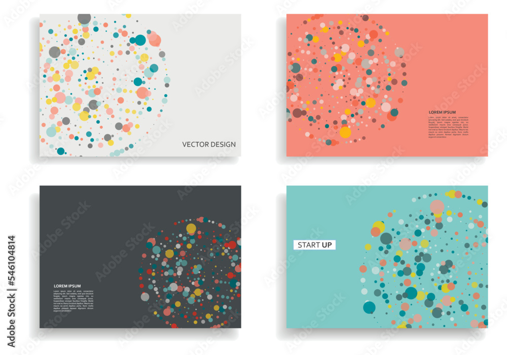 Poster Circles design elements. Color halftone frame with circle pattern on white background. Vector frame with rainbow random gradient. Cover brochure templates