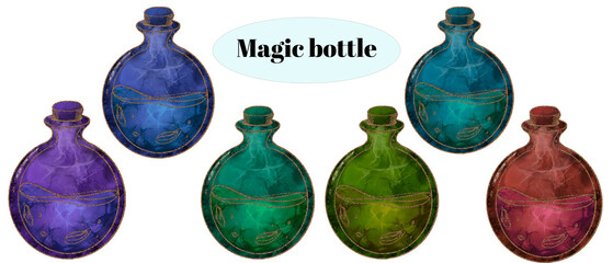 Magic bottles set - Watercolor colorful round magic bottles with a green, blue, pink, red, yellow and purple potion with marbling texture. Design for witchcraft, magic, occult, wizardry.