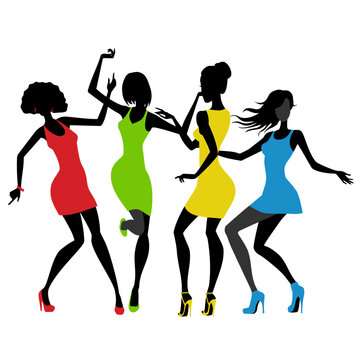 Silhouettes of four women in modern clothes dancing on stage.