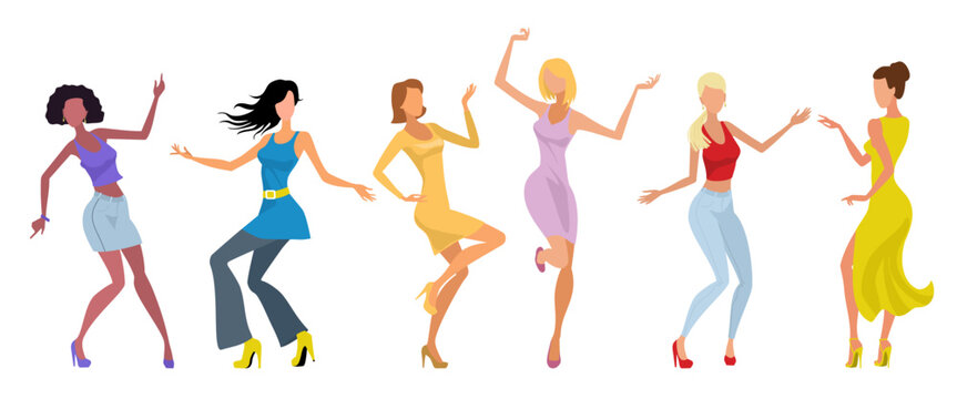 Female figures dancing at party in modern clothes vector illustration on isolated background.
