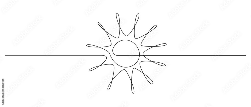 Poster one continuous line drawing of sun and sunrise. hot temperature and summer symbol in simple linear s