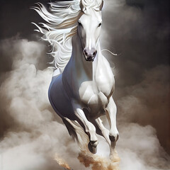 Obraz na płótnie Canvas Running white horse shrouded in smoke. Abstract generative art 