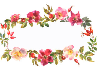 Watercolor hand painted dog rose floral banner isolated on white background.