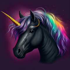 Obraz na płótnie Canvas Black unicorn with rainbow mane, abstract generated art sketch 