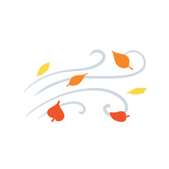 Autumn Wind. Stream of air with red and yellow leaves. Blue wavy line. Breeze and weather icon. Leaf fall. Flat illustration