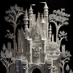 multi-dimensional paper cut craft, castle, sketch generated art