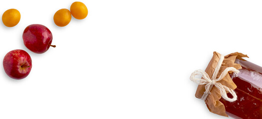 Glass jar of sweet fruit jam and apple and cherry plum ingredients isolated on white background