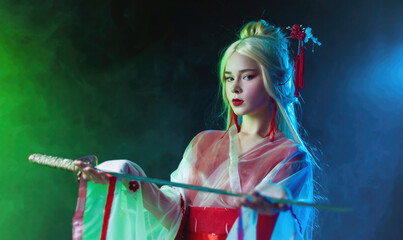 beautiful girl in a geisha costume with a katana in neon light