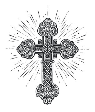 Ornate Christian Cross. Church, Faith in God, Christianity religion symbol. Illustration in vintage engraving style