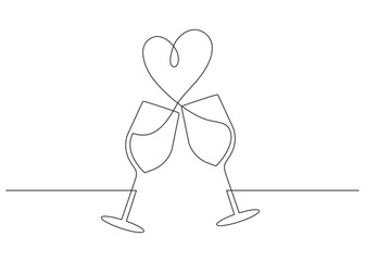 Continuous one line drawing of cheers two wine glasses. Heart shapes splash. Vector illustration.