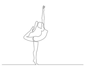 Young female gymnast performing one foot standing on balance - continuous line drawing. Vector illustration.