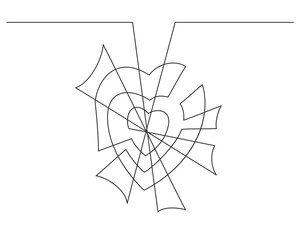 Continuous line drawing of spider web heart shape. Vector illustration.