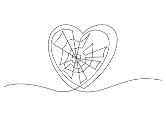 Continuous line drawing of heart with spider web inside. Vector illustration.