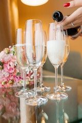 champagne glasses at wedding. Wedding bouquet
